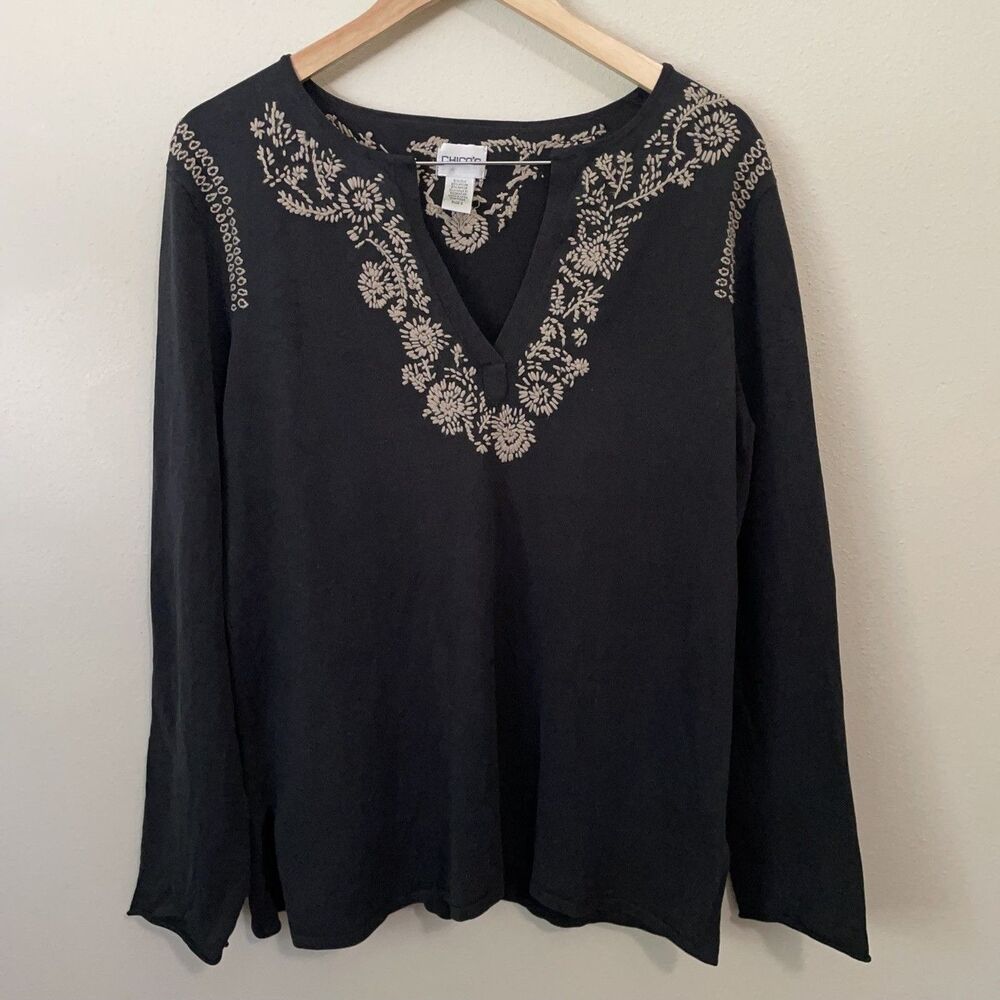 Chicos Silk Blend Embroidered Split Neck Top Womens Size 3/XL Black Floral Boho